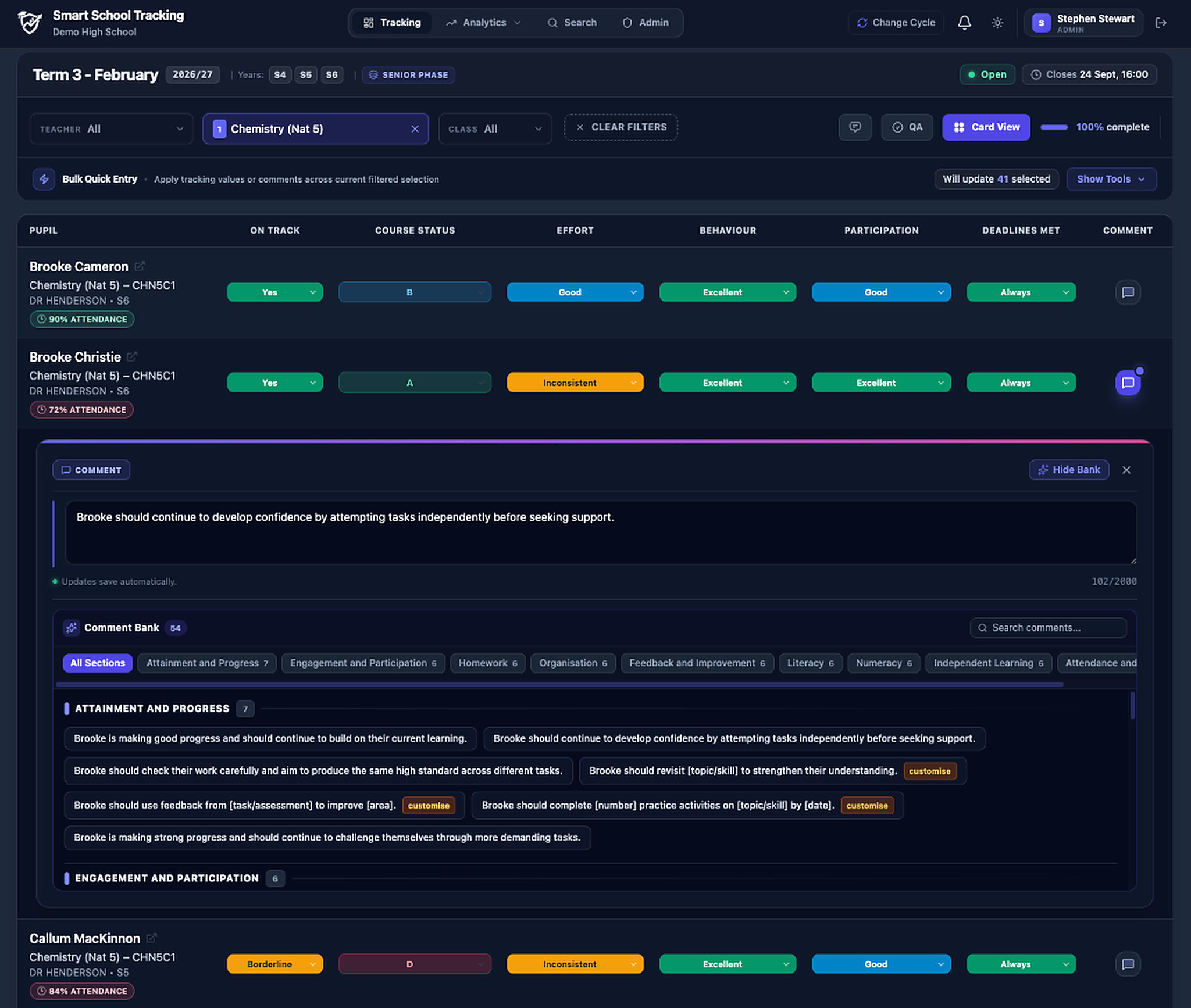Smart School Tracking live grid comment entry with dynamic comment bank drawer