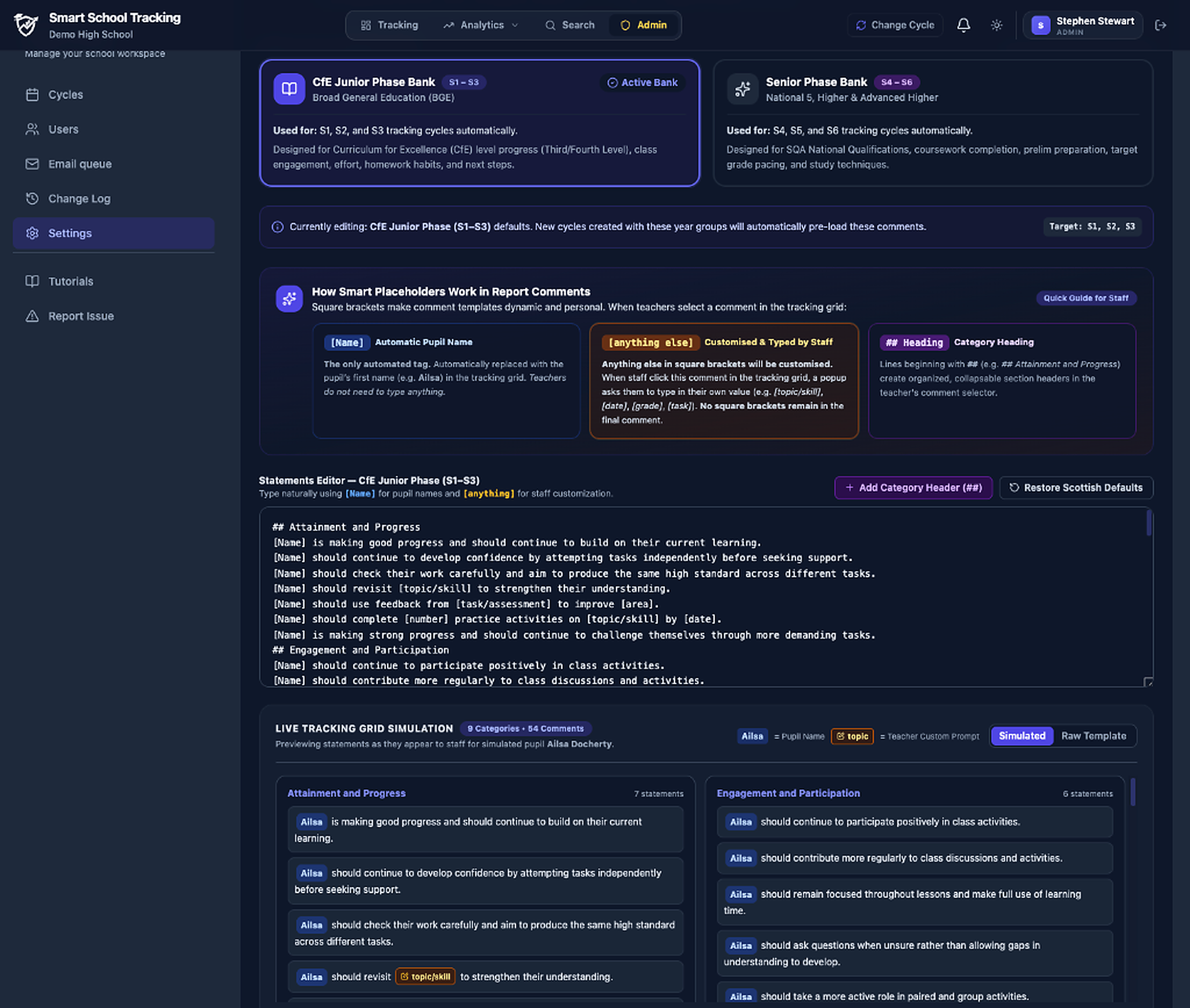 Smart School Tracking Dynamic Comment Banks setup with smart placeholders and live simulation