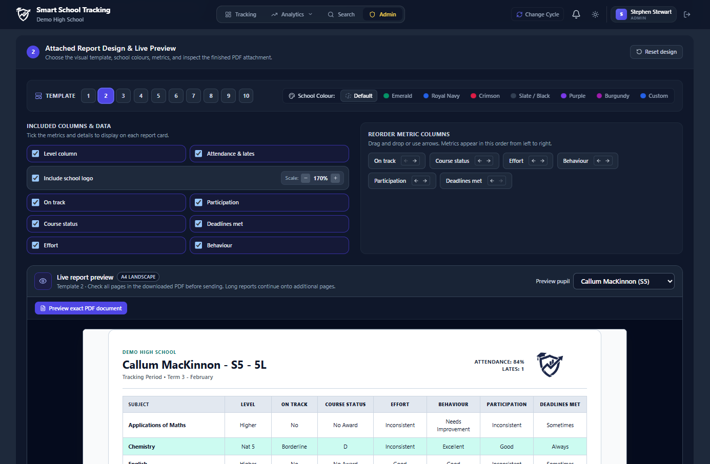 Previewing student report and selecting report templates before emailing