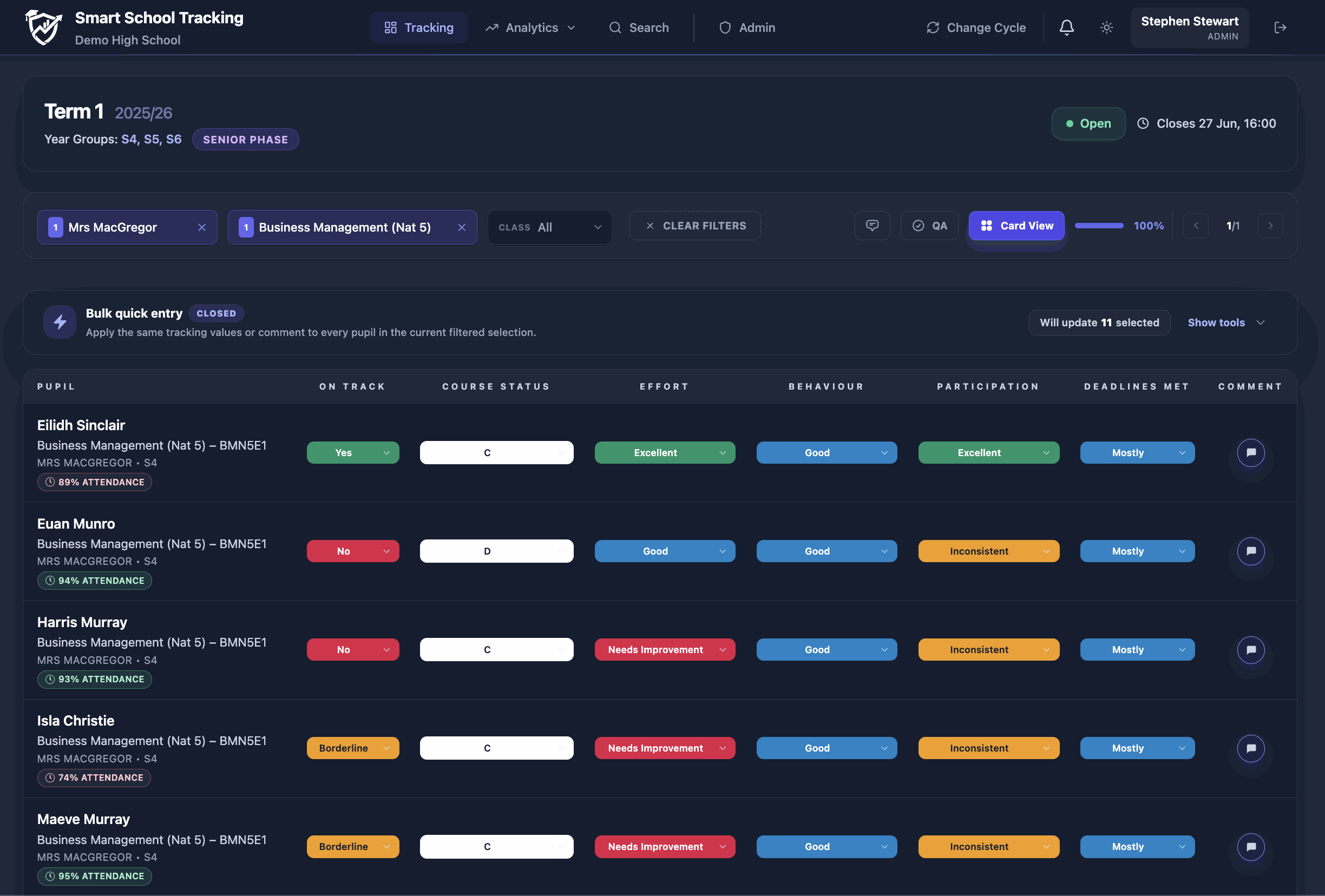 Smart School SEEMiS compatible tracking software import and tracking system Scotland grid view
