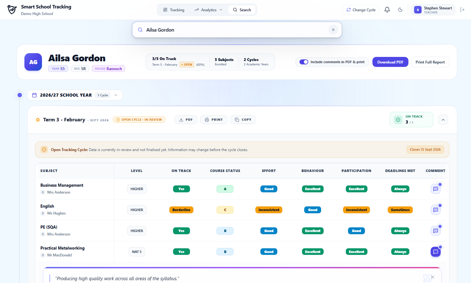 Smart School pupil search and attainment grid view