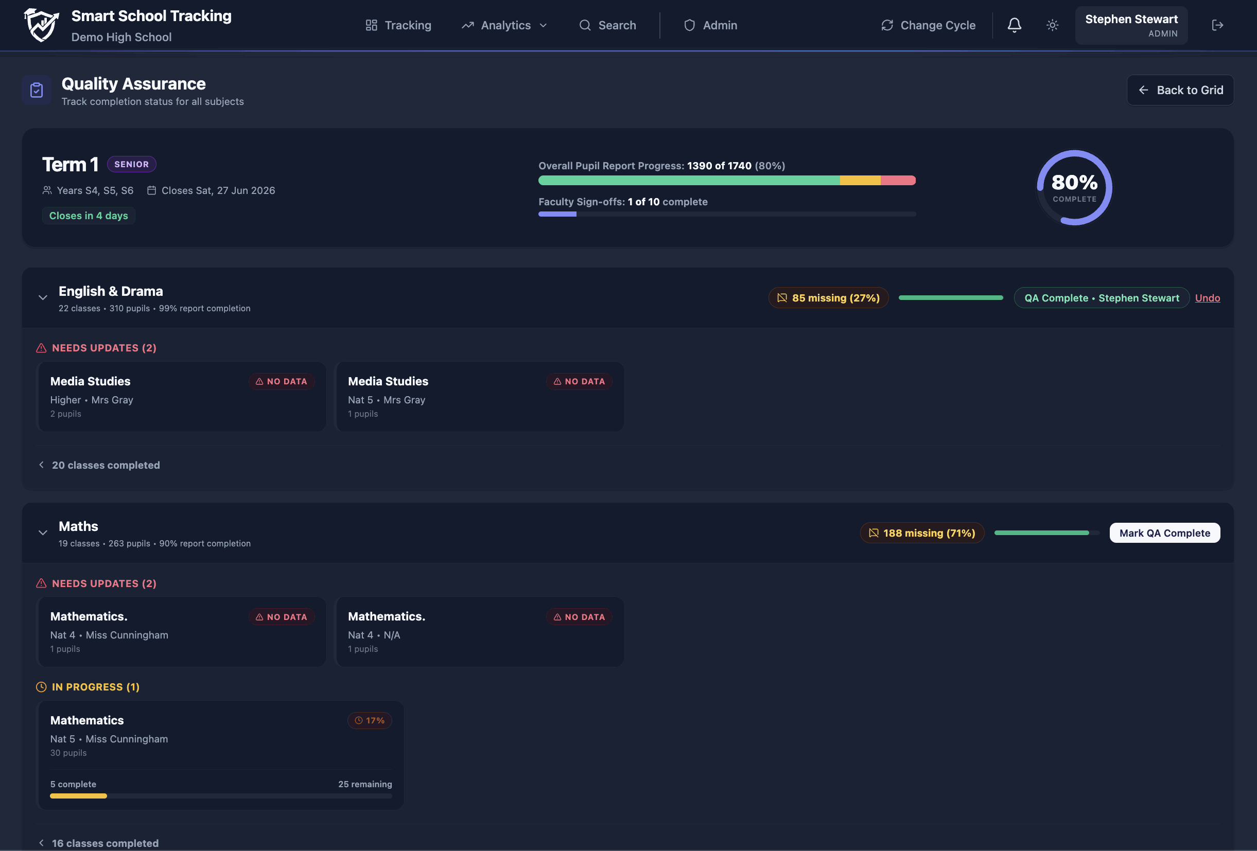 Smart School school tracking system Scotland QA and missing data check page