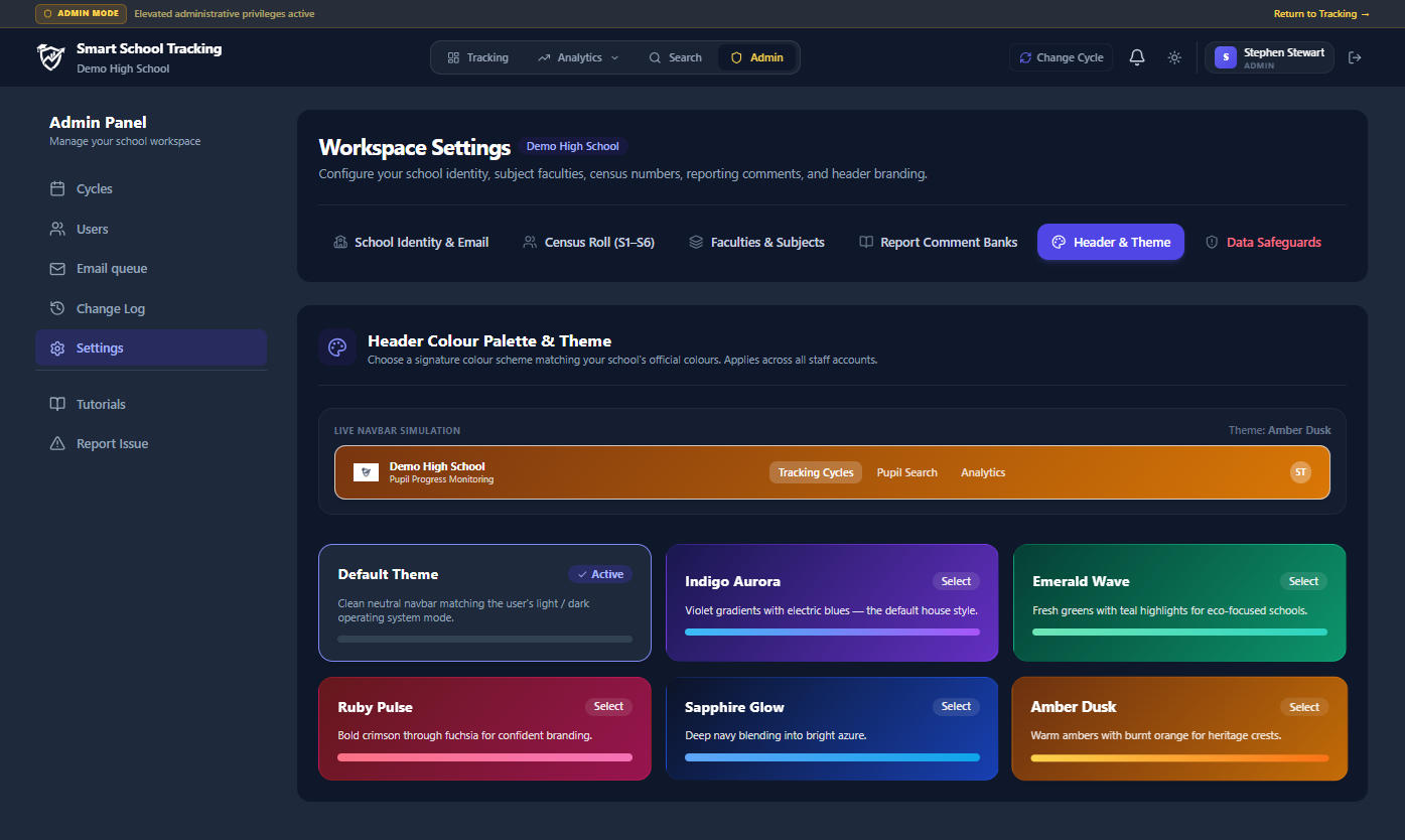 Smart School settings interface for customizing school branding, badge and theme colours