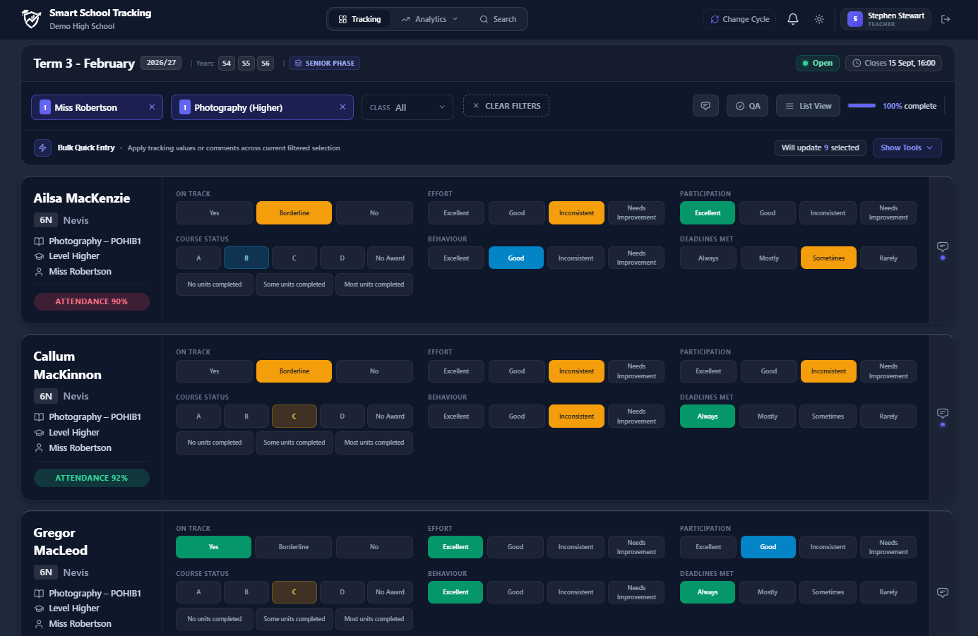 Smart School Tracking Grid Card View (Dark Mode)