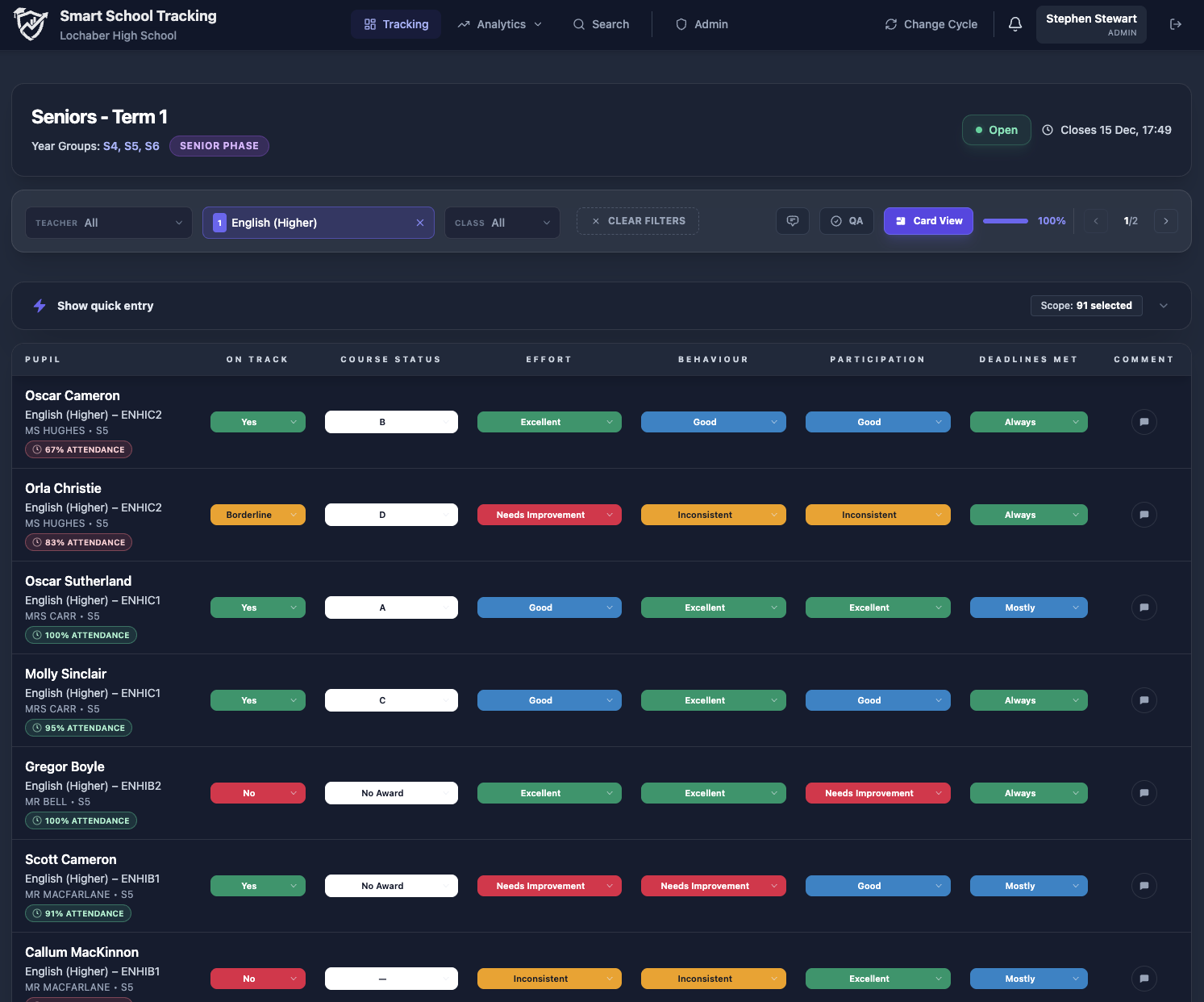 Smart School tracking grid list view with customisable columns