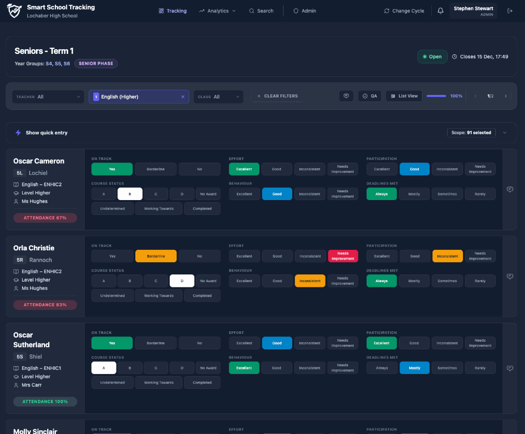 Smart School BGE and Senior Phase pupil tracking grid UI