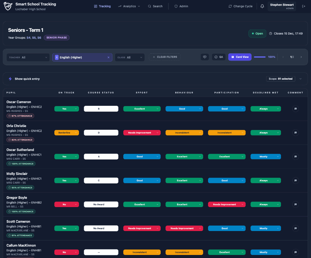 Smart School Tracking - school reporting software and pupil attainment list view