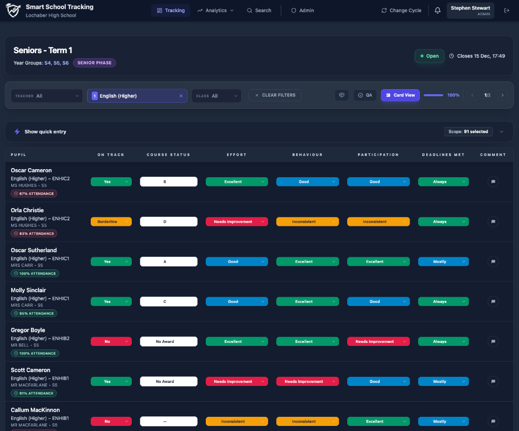 Smart School Tracking list view showing pupil progress data on desktop computer